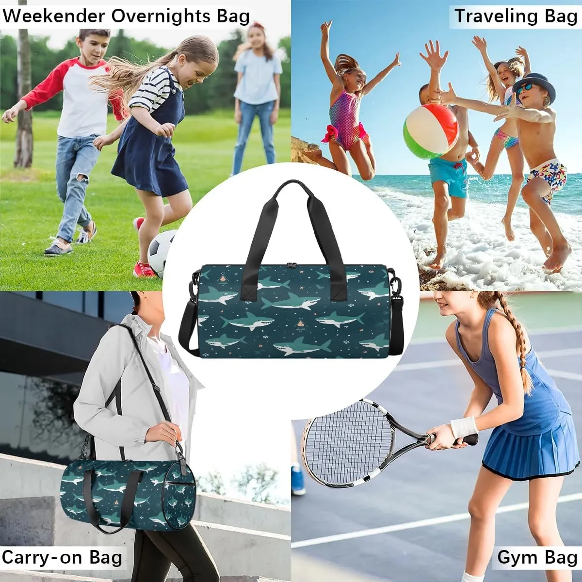 Gym Bags for Men Women Cute Shark Sports Duffel Bags Carry On Travel Duffle Bag with Detachable Adjustable Shoulder Strap Overnight Weekender Bag