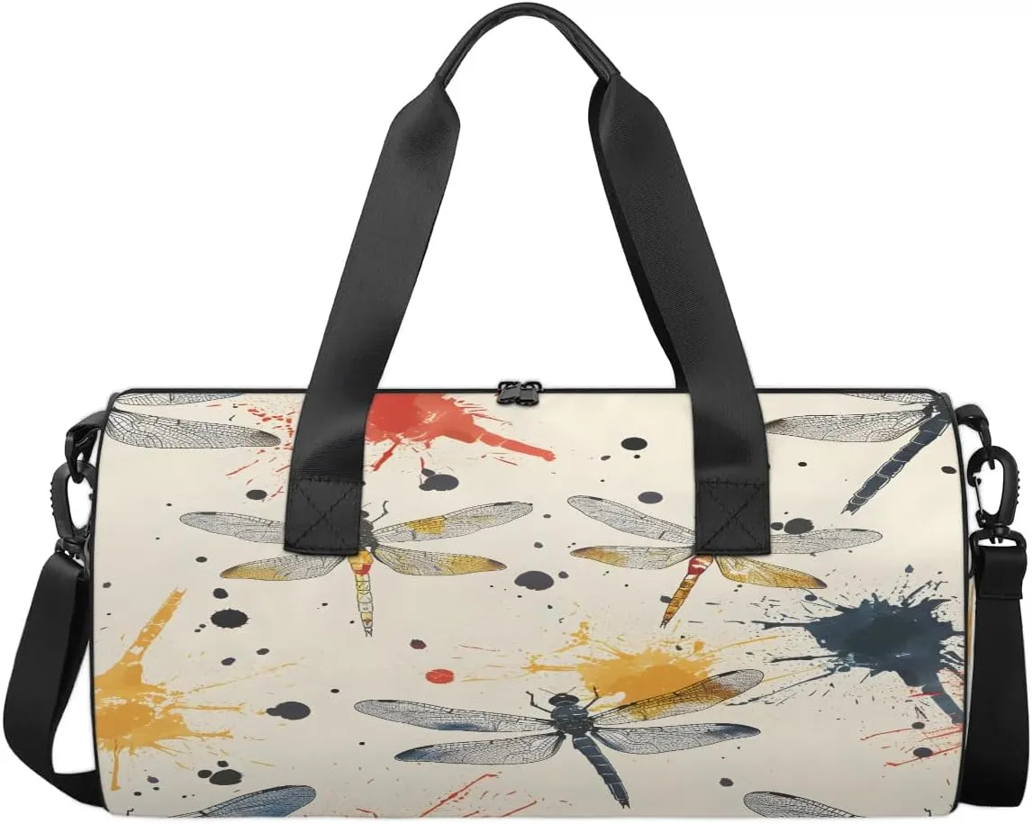 Gym Bags for Men Women Dragonfly Watercolor Sports Duffel Bags Carry On Travel Duffle Bag with Detachable Adjustable Shoulder Strap Overnight Weekender Bag