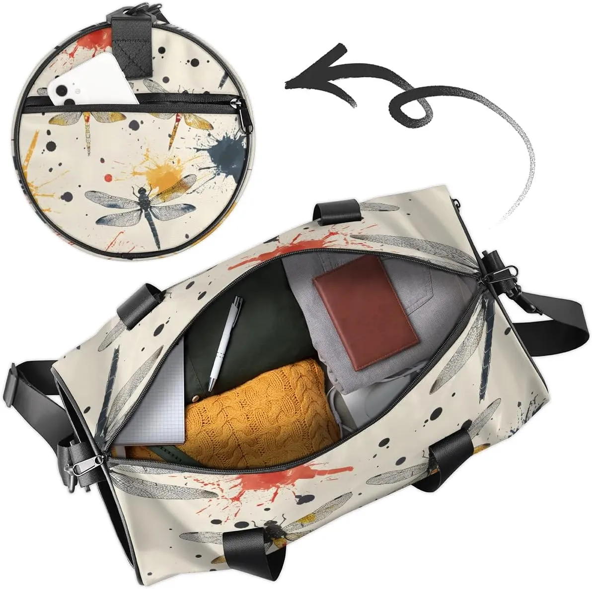 Gym Bags for Men Women Dragonfly Watercolor Sports Duffel Bags Carry On Travel Duffle Bag with Detachable Adjustable Shoulder Strap Overnight Weekender Bag
