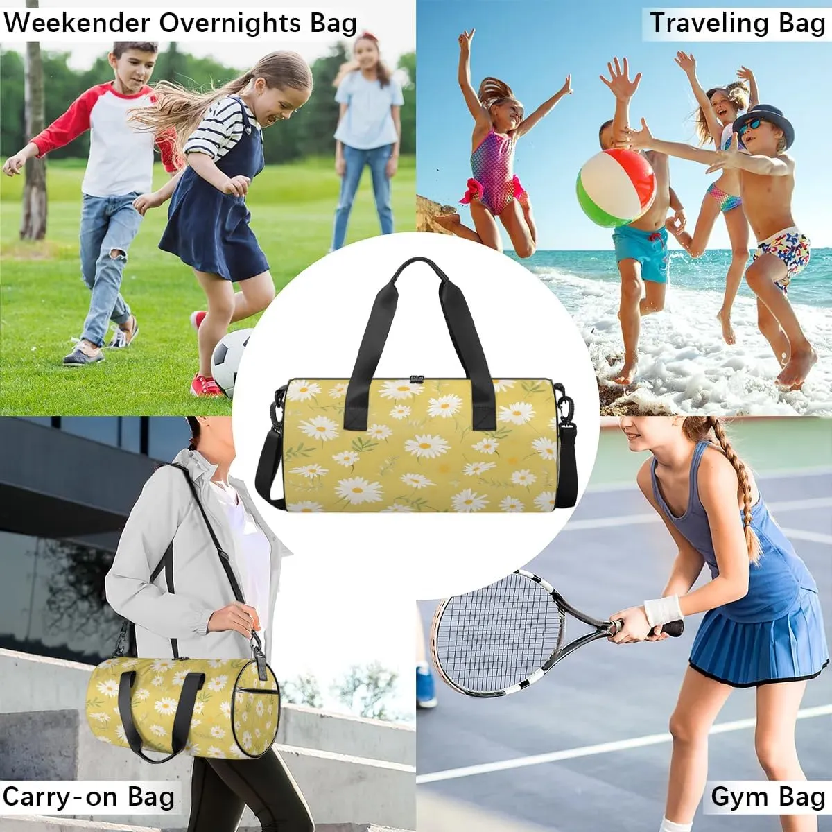 Gym Bags for Men Women Floral Daisy Bloom Sports Duffel Bags Carry On Travel Duffle Bag with Detachable Adjustable Shoulder Strap Overnight Weekender Bag