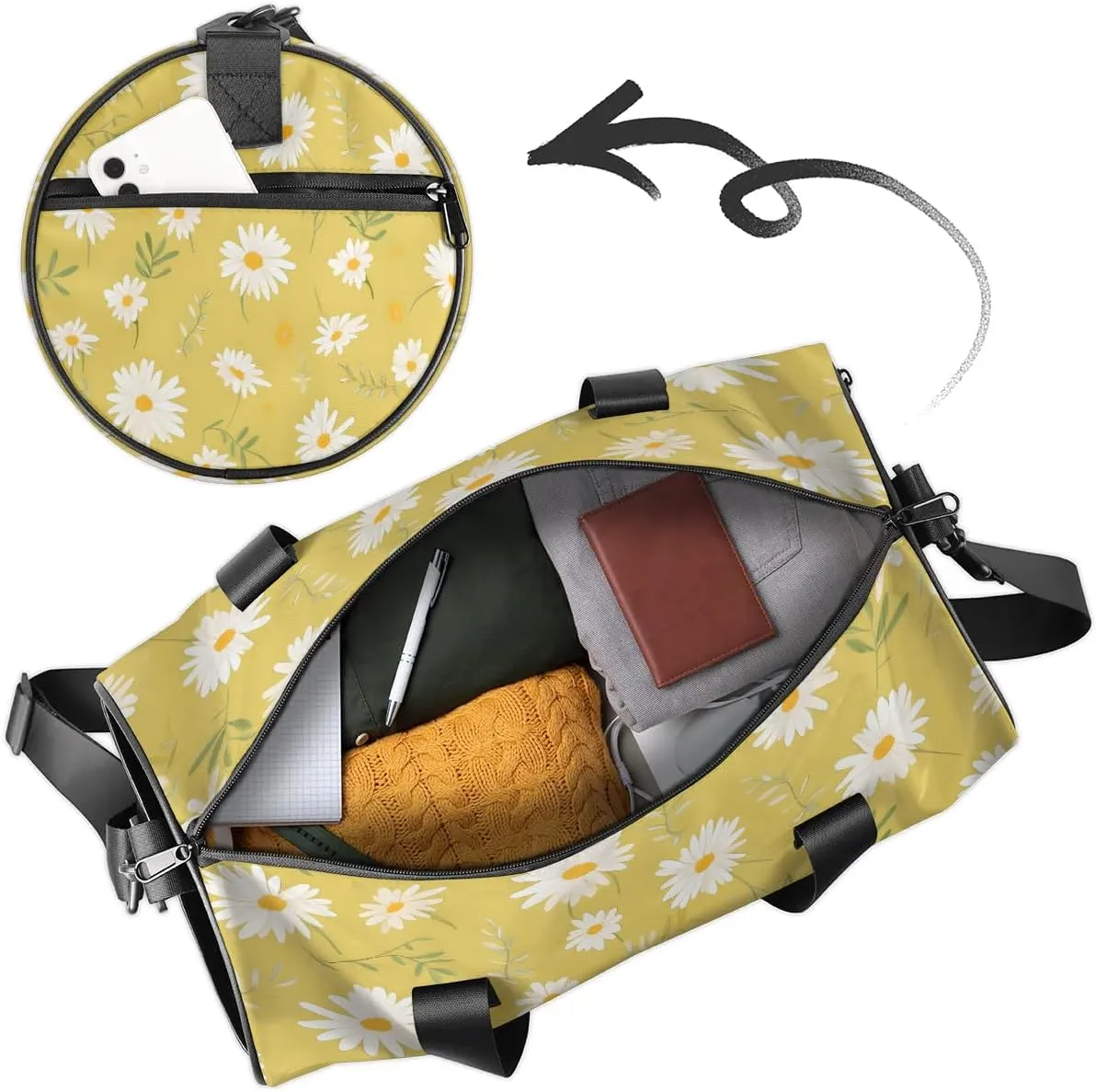 Gym Bags for Men Women Floral Daisy Bloom Sports Duffel Bags Carry On Travel Duffle Bag with Detachable Adjustable Shoulder Strap Overnight Weekender Bag