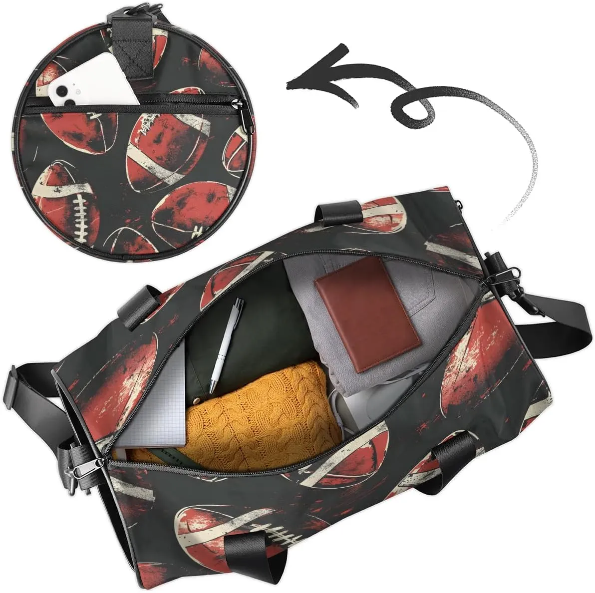 Gym Bags for Men Women Football Prints Sports Duffel Bags Carry On Travel Duffle Bag with Detachable Adjustable Shoulder Strap Overnight Weekender Bag