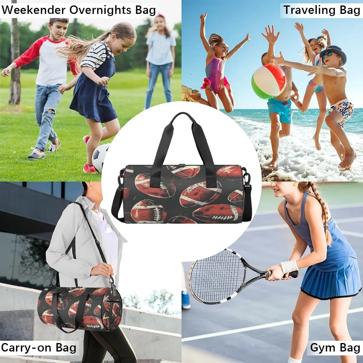 Gym Bags for Men Women Football Prints Sports Duffel Bags Carry On Travel Duffle Bag with Detachable Adjustable Shoulder Strap Overnight Weekender Bag