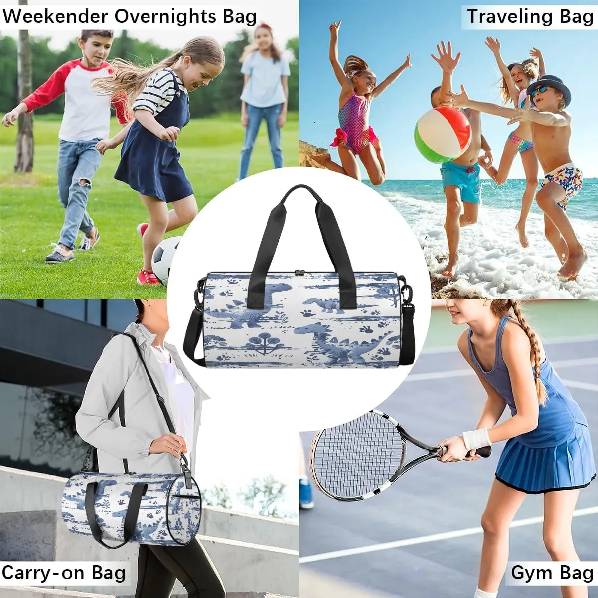 Gym Bags for Men Women Funny Dinosaurs Sports Duffel Bags Carry On Travel Duffle Bag with Detachable Adjustable Shoulder Strap Overnight Weekender Bag