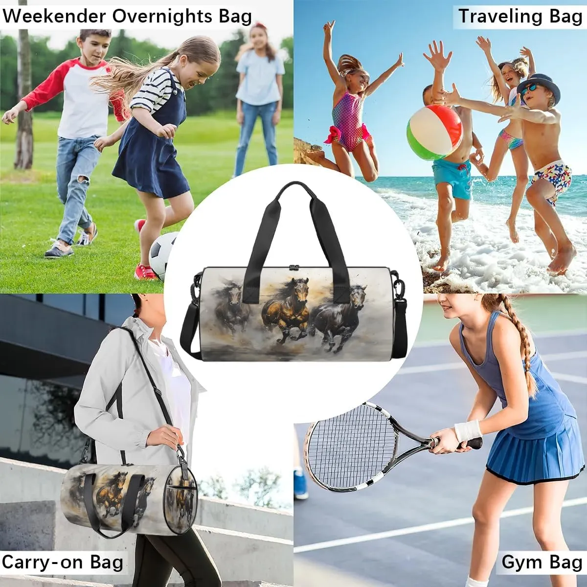 Gym Bags for Men Women Galloping Horses Sports Duffel Bags Carry On Travel Duffle Bag with Detachable Adjustable Shoulder Strap Overnight Weekender Bag