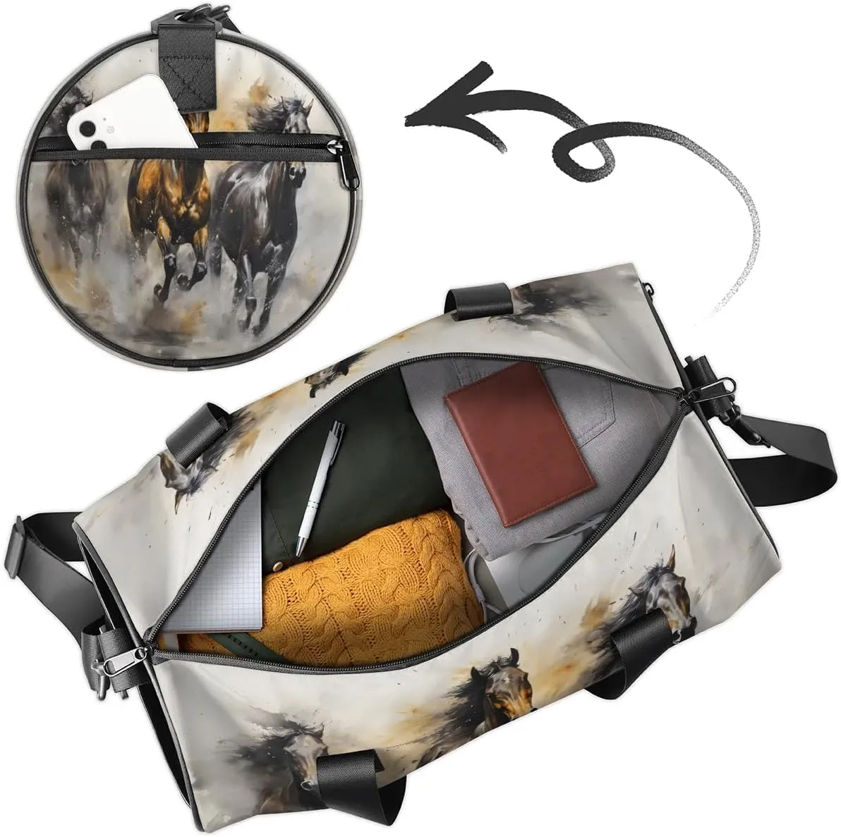 Gym Bags for Men Women Galloping Horses Sports Duffel Bags Carry On Travel Duffle Bag with Detachable Adjustable Shoulder Strap Overnight Weekender Bag