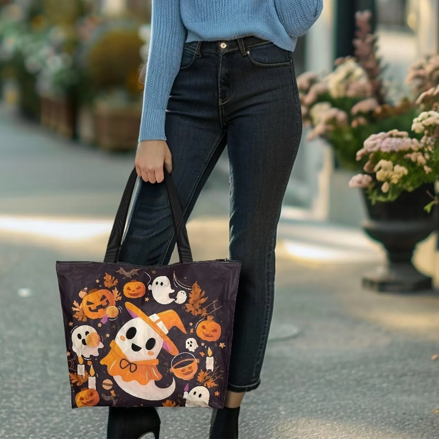 Halloween Flame Skull Women Tote Paper Bag Gothic Butterfly Foldable Tote Bag, Cow Print Large Work Commute Bag
