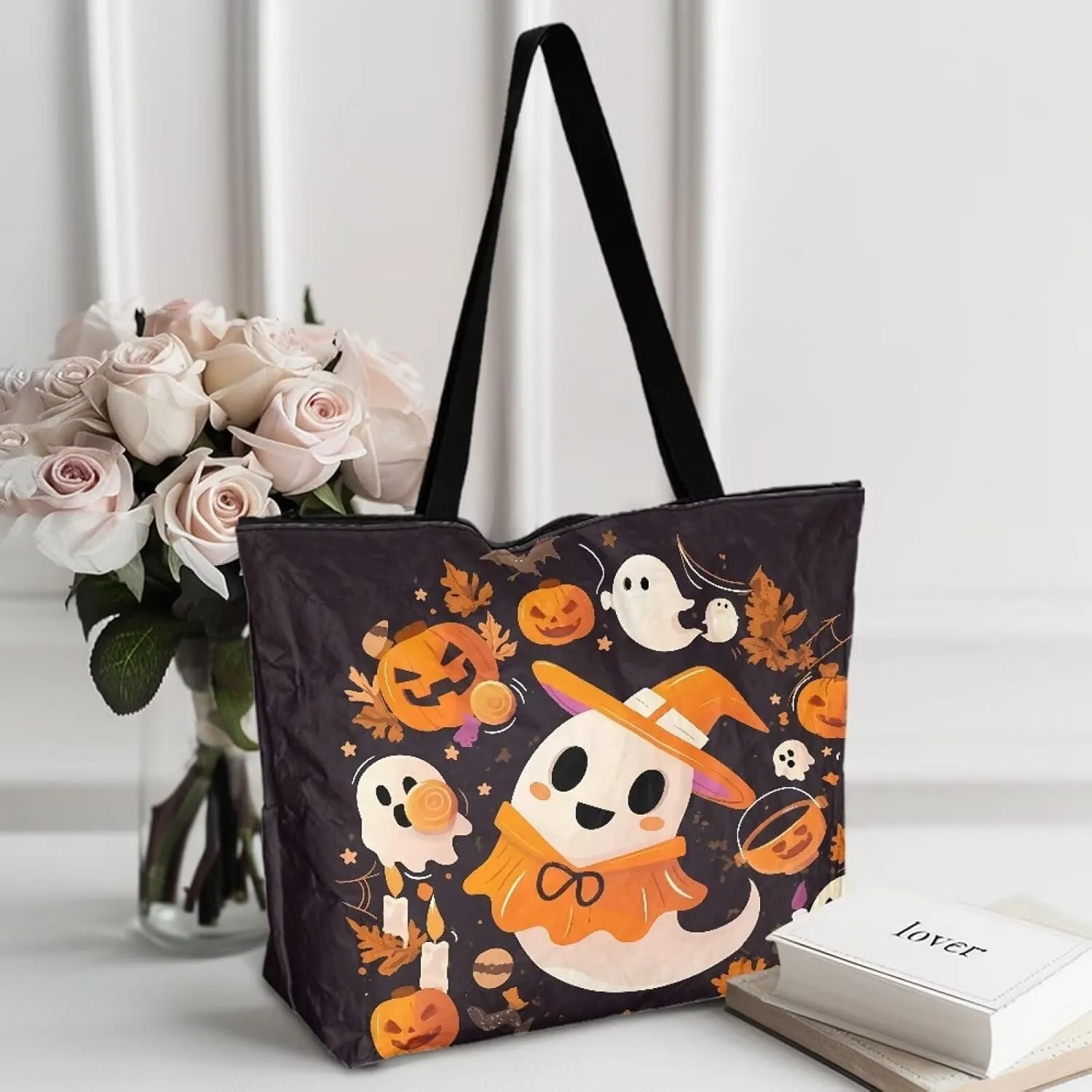 Halloween Flame Skull Women Tote Paper Bag Gothic Butterfly Foldable Tote Bag, Cow Print Large Work Commute Bag