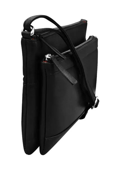 Handbag Double Zip Crossbody Bag Black Leather RFID Blocking 6028
