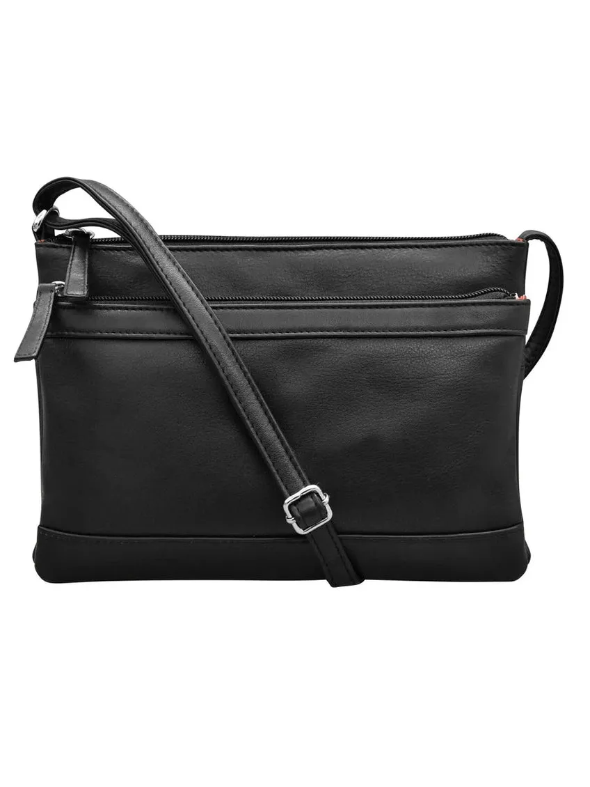 Handbag Double Zip Crossbody Bag Black Leather RFID Blocking 6028