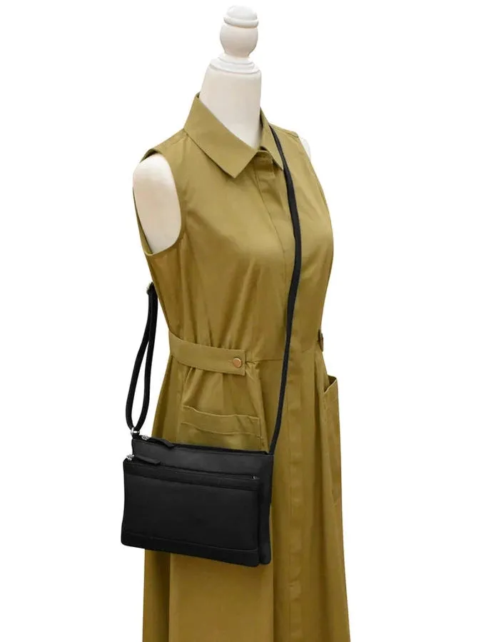 Handbag Double Zip Crossbody Bag Black Leather RFID Blocking 6028
