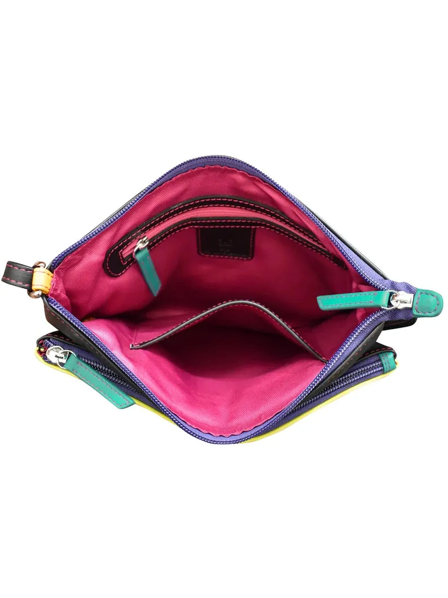 Handbag Double Zip Crossbody Bag Black/Bright Leather RFID Blocking 6028