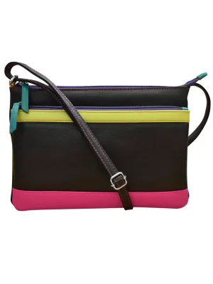 Handbag Double Zip Crossbody Bag Black/Bright Leather RFID Blocking 6028