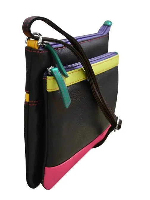 Handbag Double Zip Crossbody Bag Black/Bright Leather RFID Blocking 6028