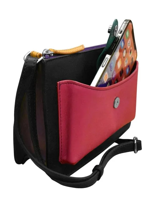 Handbag Front Pocket Phone Bag Black Brights Leather RFID Blocking 6046