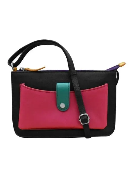 Handbag Front Pocket Phone Bag Black Brights Leather RFID Blocking 6046