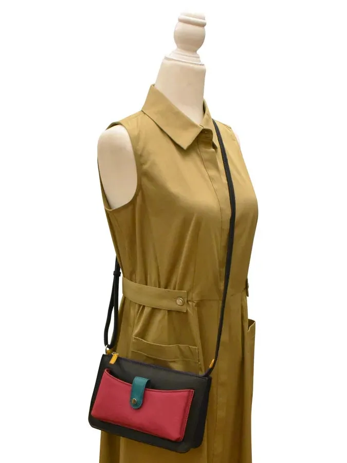 Handbag Front Pocket Phone Bag Black Brights Leather RFID Blocking 6046