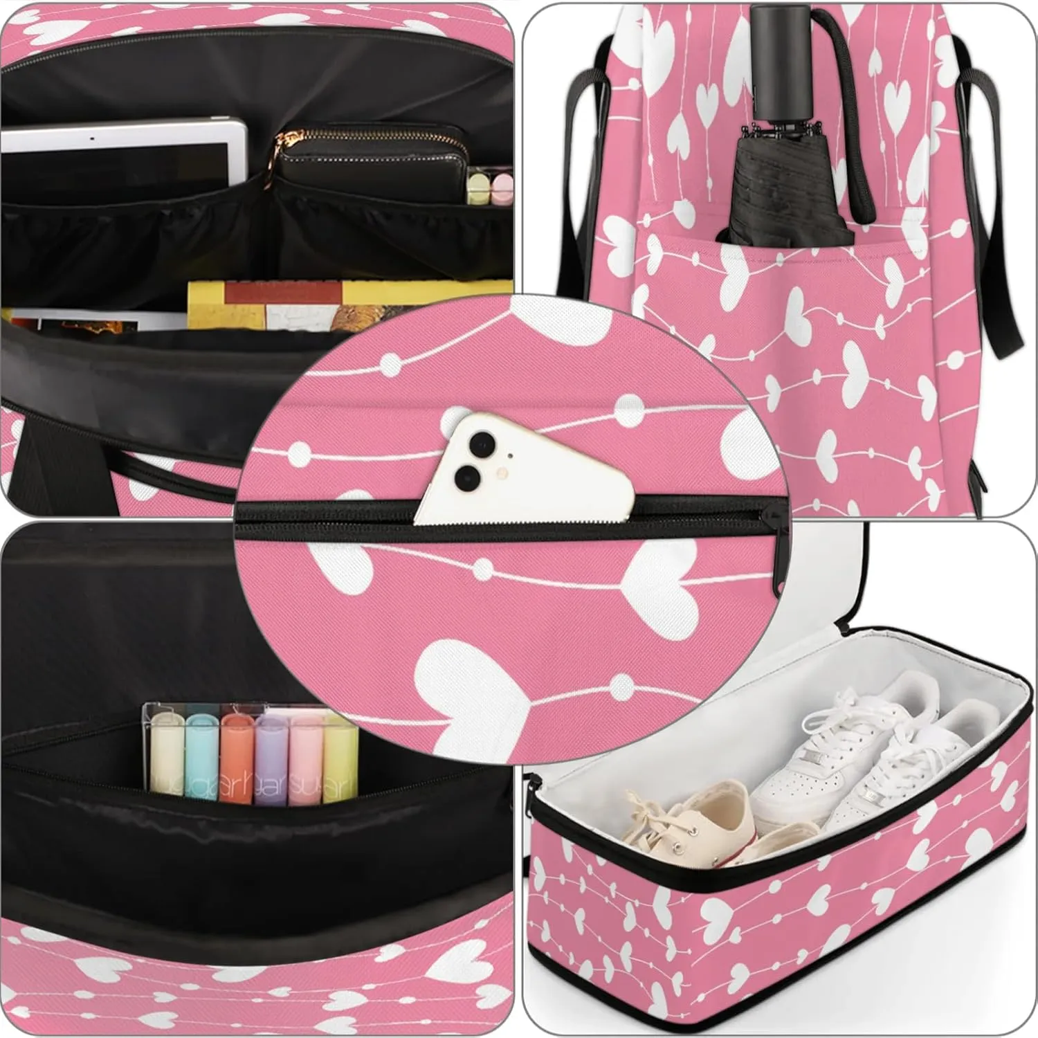 Heart Pink White Travel Duffel Bags for Women & Men Large Sports Gym Bags Foldie Weekender Overnight Bag Carry On Tote Bag With Shoe Compartment Personal Item Bag for Travel Sports Gym