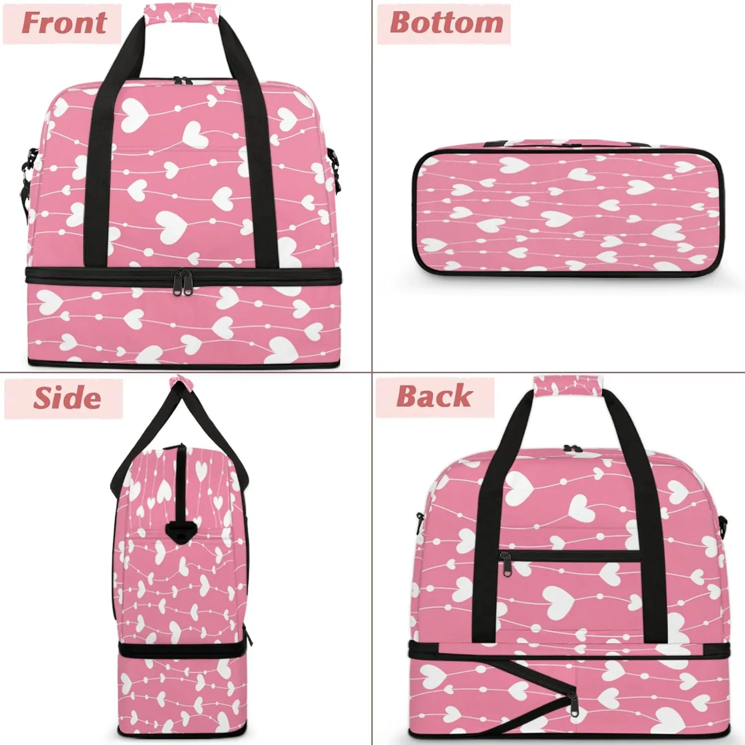 Heart Pink White Travel Duffel Bags for Women & Men Large Sports Gym Bags Foldie Weekender Overnight Bag Carry On Tote Bag With Shoe Compartment Personal Item Bag for Travel Sports Gym