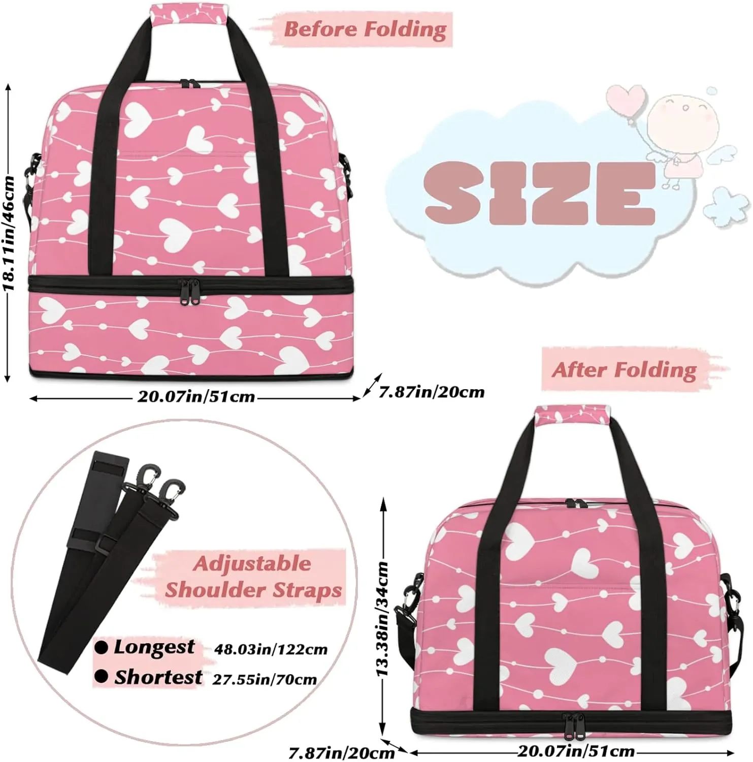 Heart Pink White Travel Duffel Bags for Women & Men Large Sports Gym Bags Foldie Weekender Overnight Bag Carry On Tote Bag With Shoe Compartment Personal Item Bag for Travel Sports Gym