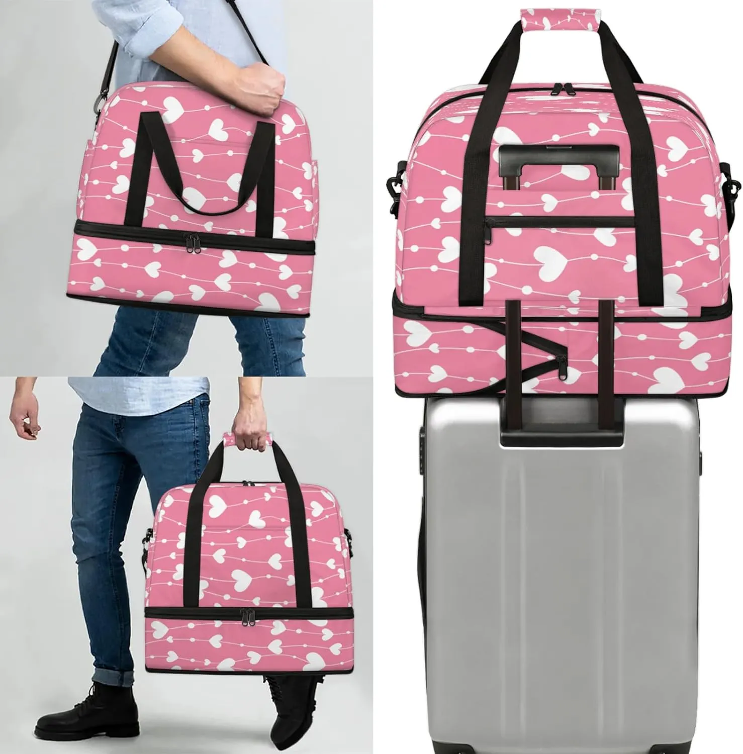 Heart Pink White Travel Duffel Bags for Women & Men Large Sports Gym Bags Foldie Weekender Overnight Bag Carry On Tote Bag With Shoe Compartment Personal Item Bag for Travel Sports Gym