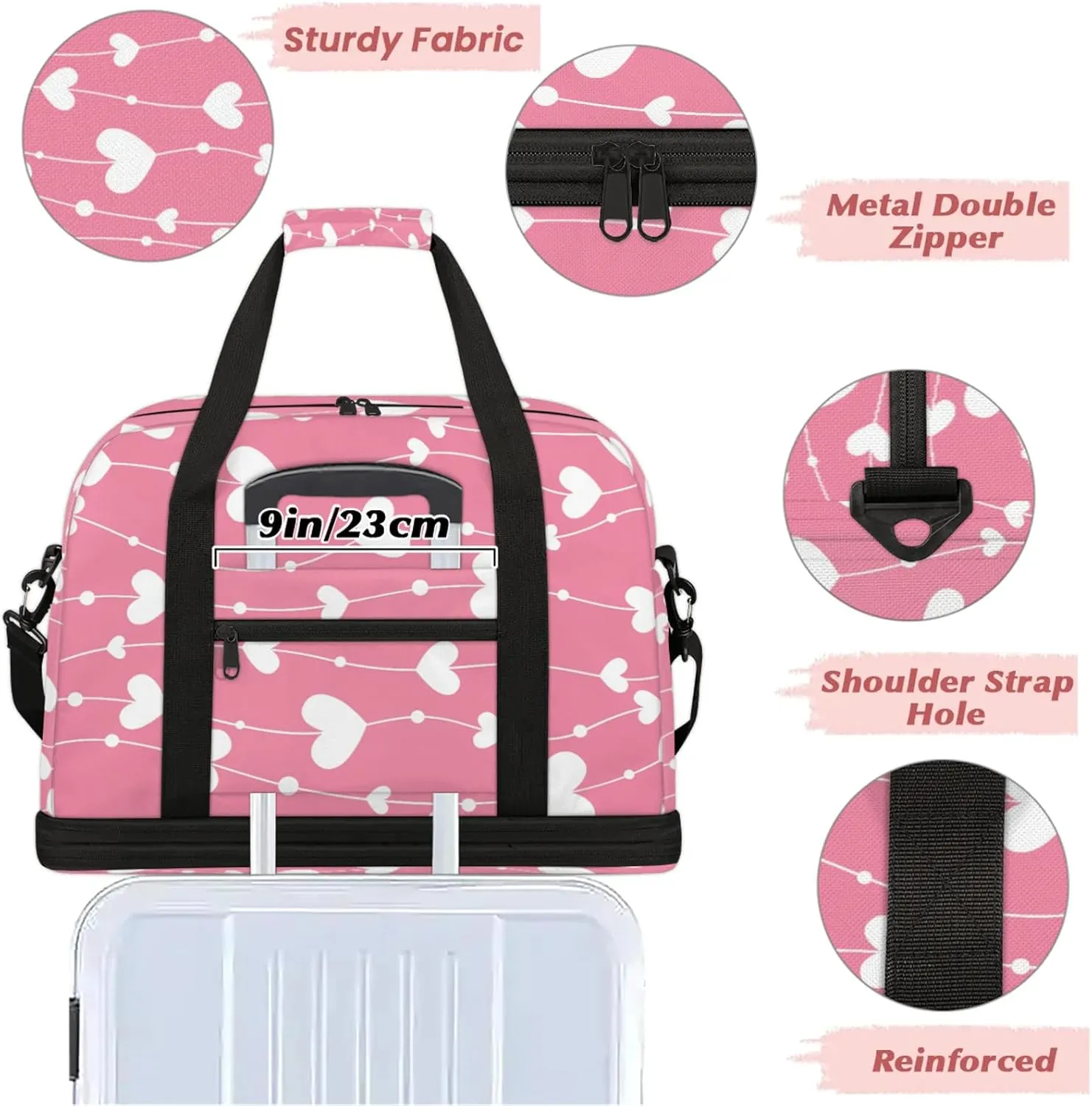 Heart Pink White Travel Duffel Bags for Women & Men Large Sports Gym Bags Foldie Weekender Overnight Bag Carry On Tote Bag With Shoe Compartment Personal Item Bag for Travel Sports Gym