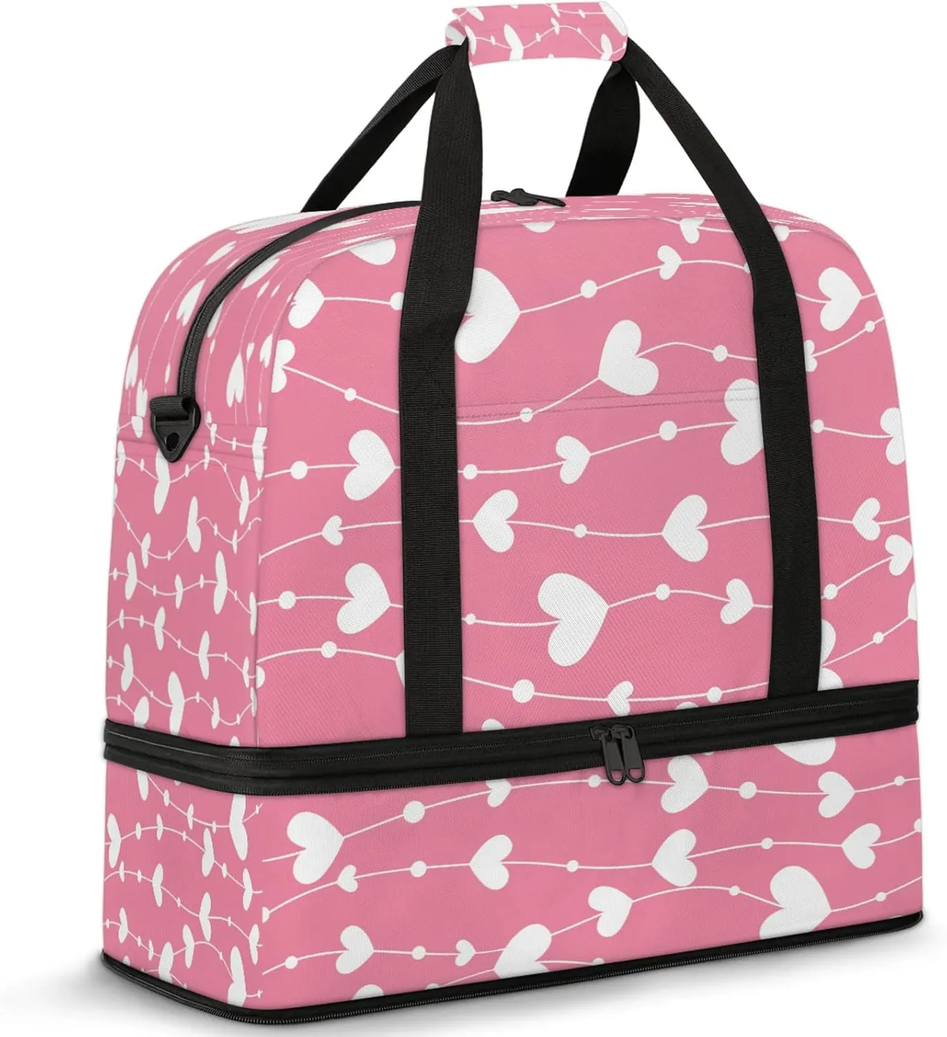 Heart Pink White Travel Duffel Bags for Women & Men Large Sports Gym Bags Foldie Weekender Overnight Bag Carry On Tote Bag With Shoe Compartment Personal Item Bag for Travel Sports Gym