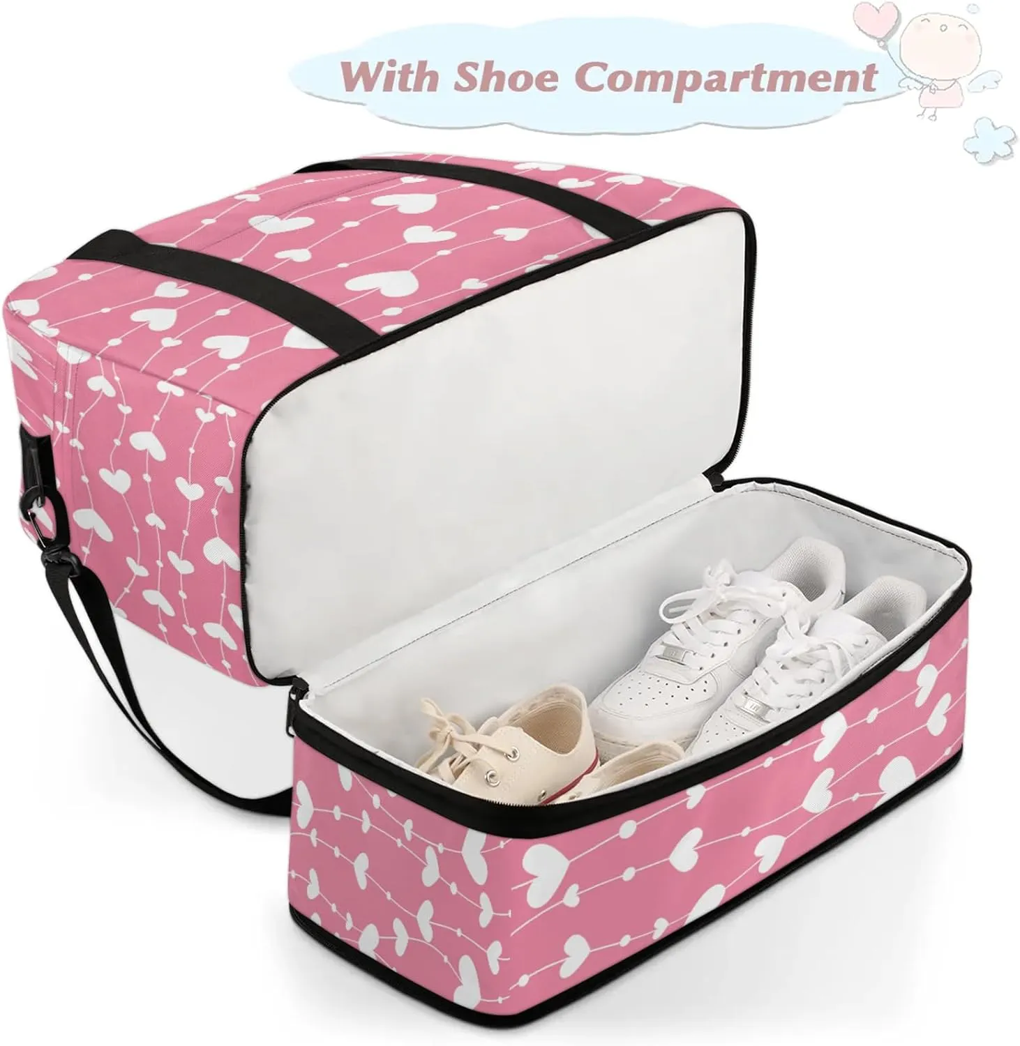 Heart Pink White Travel Duffel Bags for Women & Men Large Sports Gym Bags Foldie Weekender Overnight Bag Carry On Tote Bag With Shoe Compartment Personal Item Bag for Travel Sports Gym