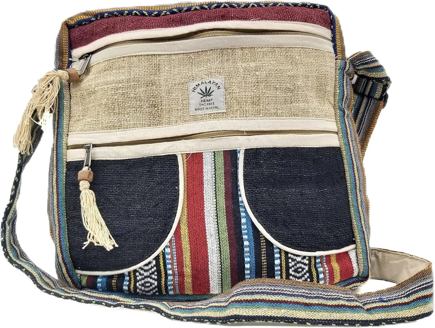 Hemp Crossbody Messenger Bag - Unisex Hippie Travel Bag - Light Side Bags with pocket - 4 Compartments, Zipper Closure