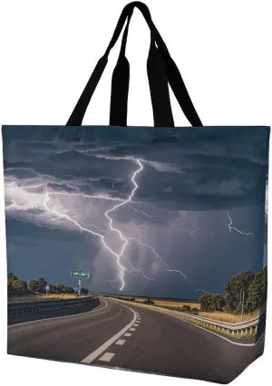 Highway Tornado Lightning Tote Bag Reusable Grocery Bags for Women Travel Shoulder Bag Large Shopping Bag Handbag