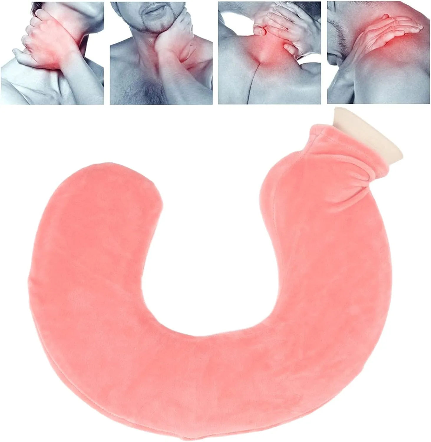 Hot Water Bottle, Pillow Hot Water Bag U Shaped Hot Water Bottle Warm Neck Soft Rubber Hot Water Bag with Detachable Cloth Cover (Flesh Red)