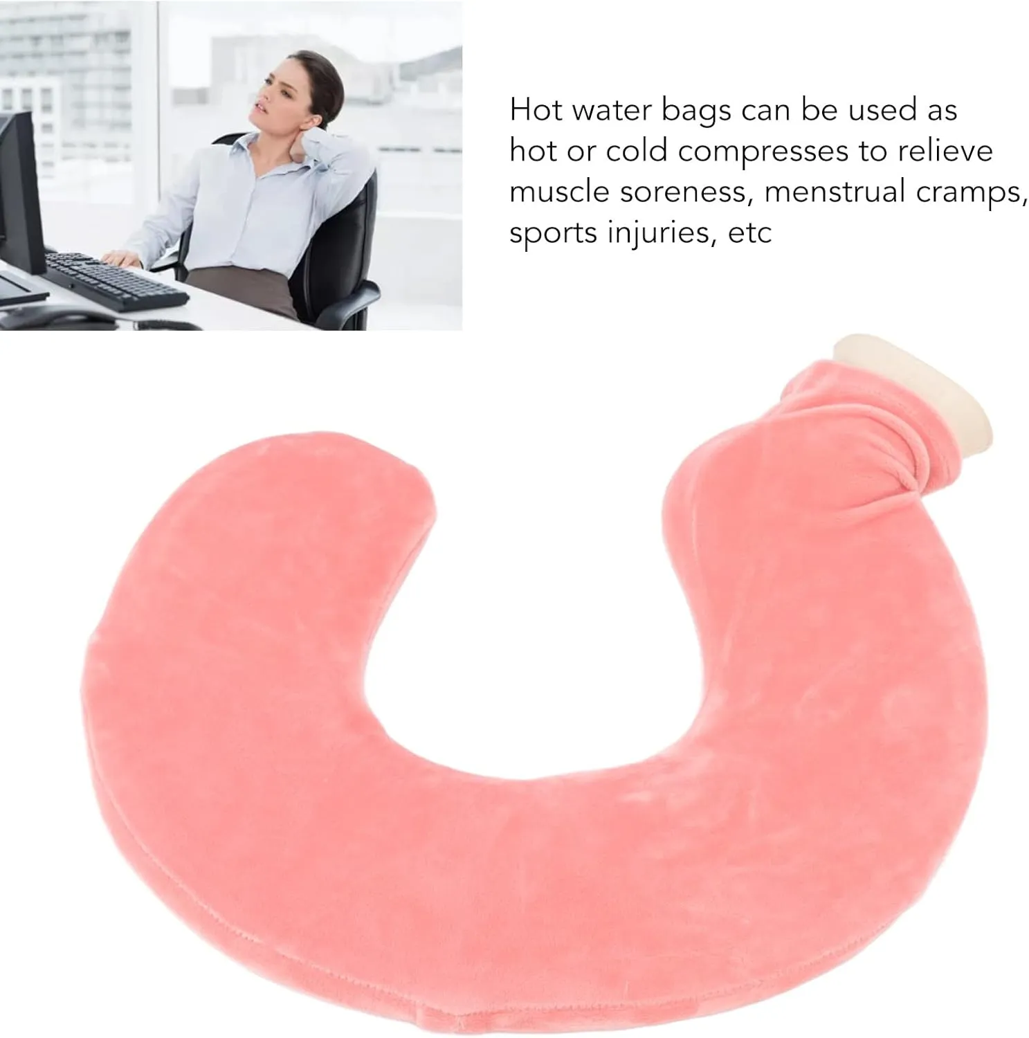 Hot Water Bottle, Pillow Hot Water Bag U Shaped Hot Water Bottle Warm Neck Soft Rubber Hot Water Bag with Detachable Cloth Cover (Flesh Red)