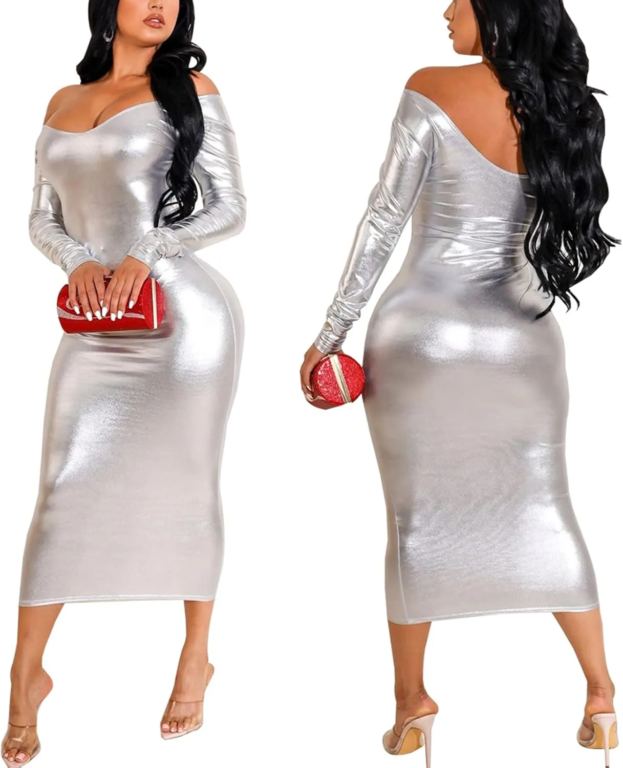 HugeNice Women's Sexy Deep V Neck Bodycon Mini Dresses Casual Long Sleeve Wrap Club Cocktail Party Short Dress