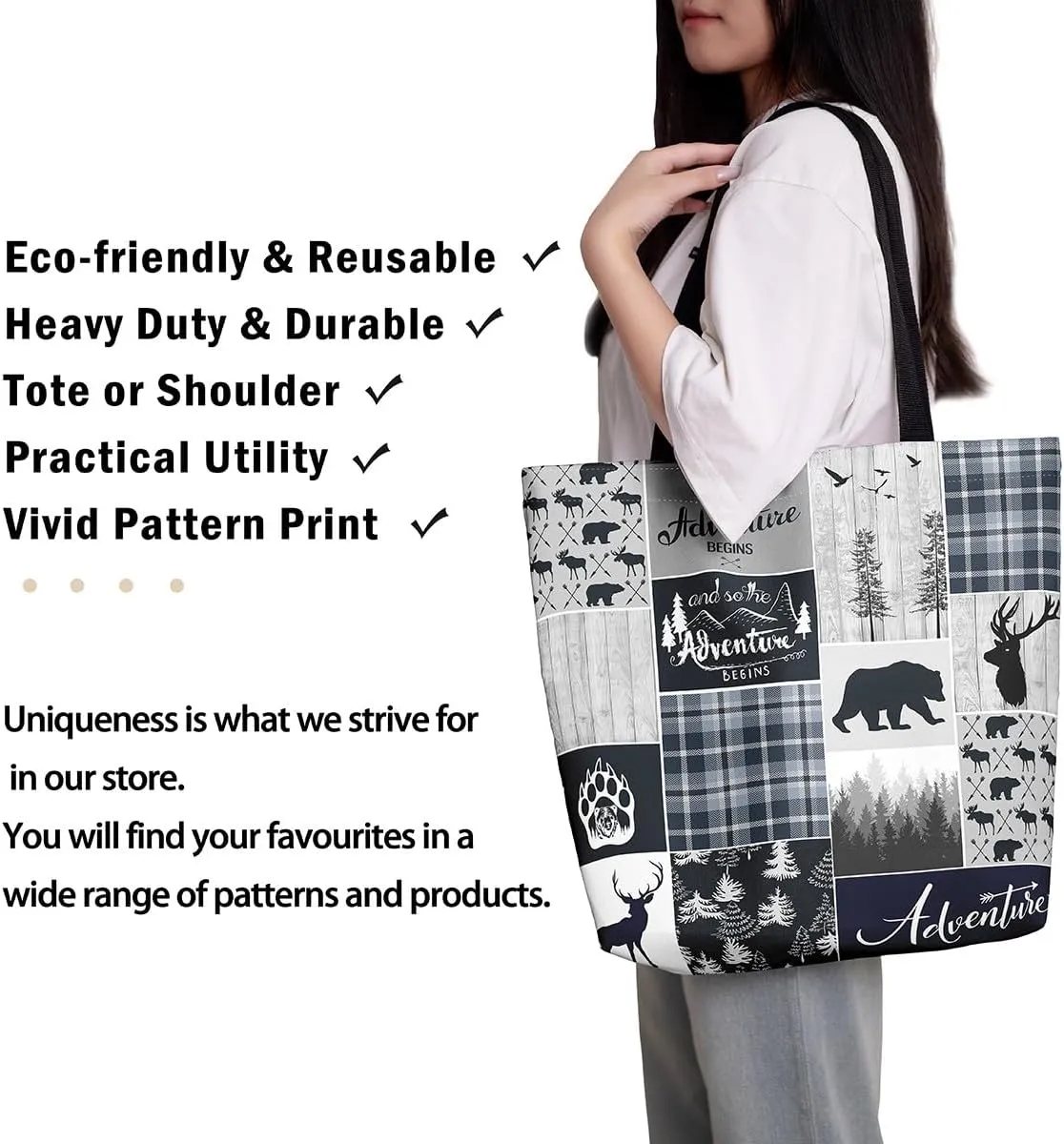 Hunting Deer Canvas Tote Bag Farmhouse Rustic Tote Bag Wildlife Bear Shopping Grocery Bags