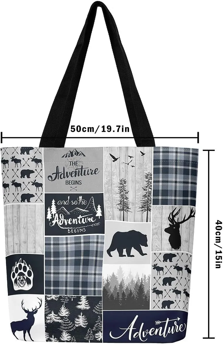 Hunting Deer Canvas Tote Bag Farmhouse Rustic Tote Bag Wildlife Bear Shopping Grocery Bags