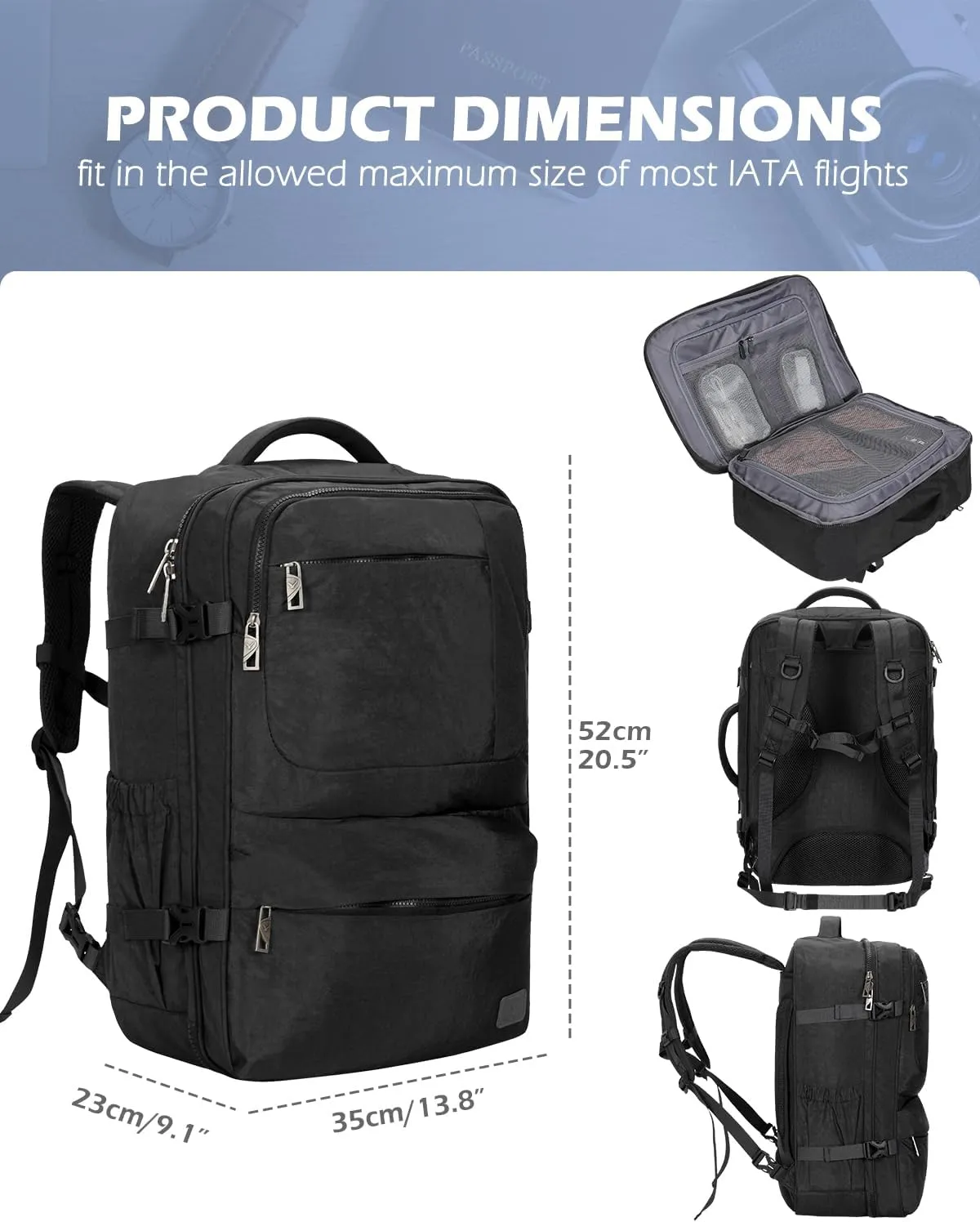 Hynes Eagle 44L Carry on Backpack Airline Approved Travel Backpack for Men Women Large Laptop Backpack 17 inch Nylon Backpack Overnight Weekender Bag Black