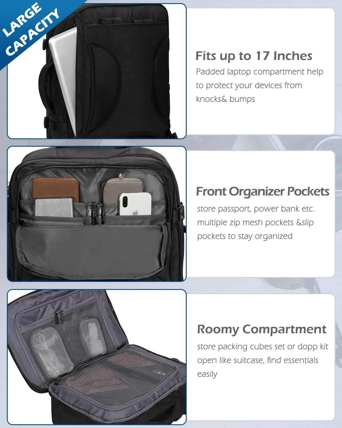 Hynes Eagle 44L Carry on Backpack Airline Approved Travel Backpack for Men Women Large Laptop Backpack 17 inch Nylon Backpack Overnight Weekender Bag Black