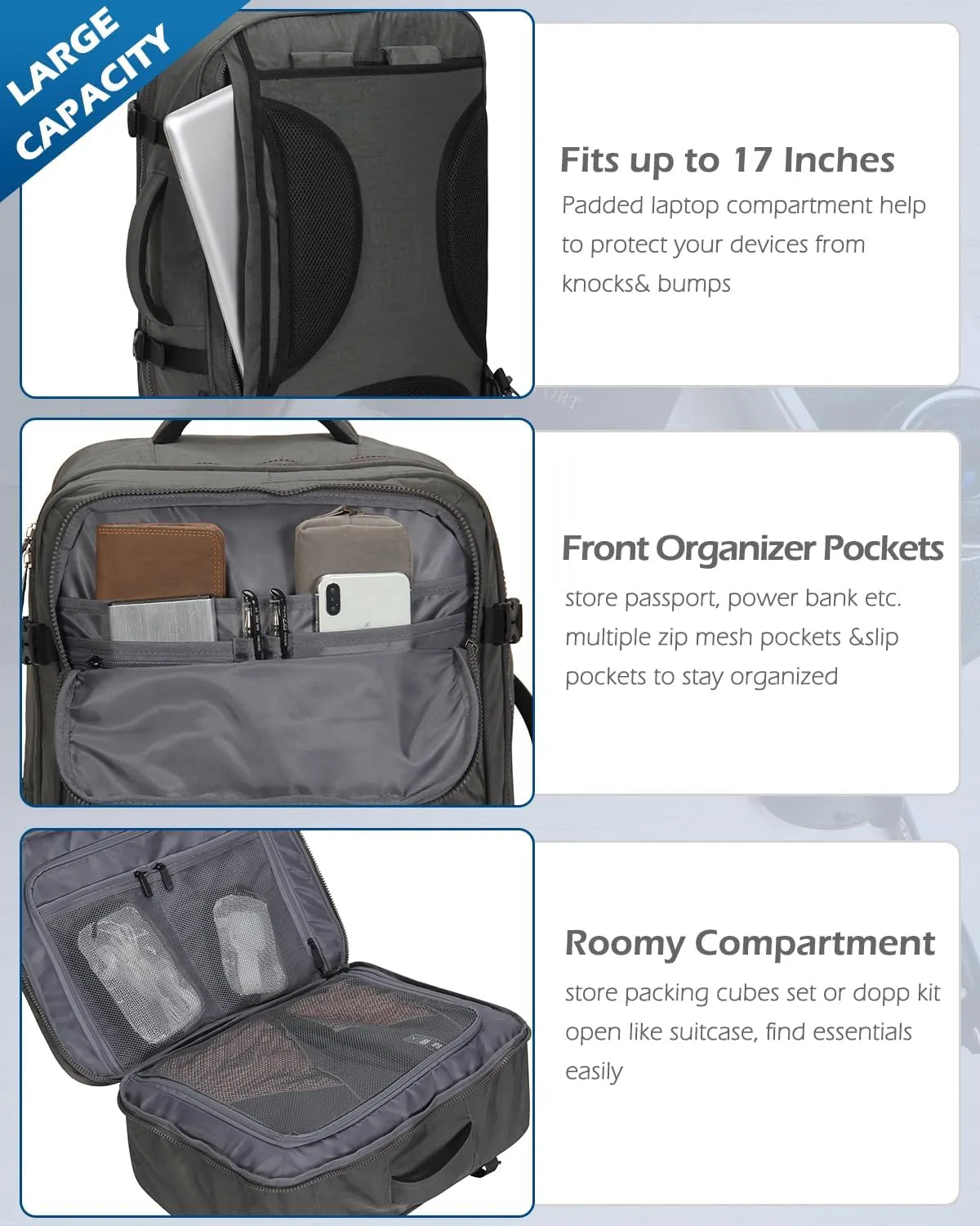 Hynes Eagle 44L Carry on Backpack Airline Approved Travel Backpack for Men Women Large Laptop Backpack 17 inch Nylon Backpack Overnight Weekender Bag Grey