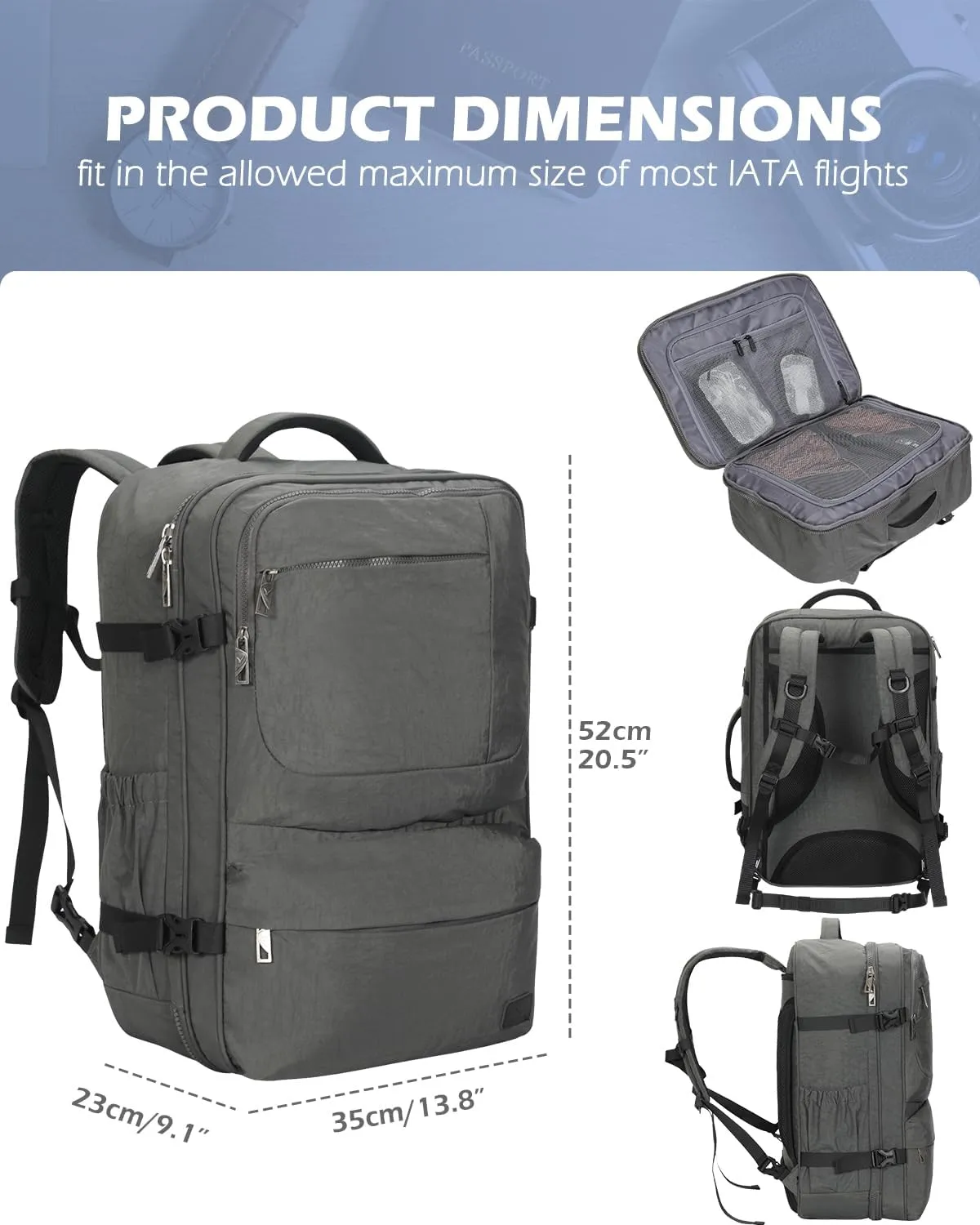 Hynes Eagle 44L Carry on Backpack Airline Approved Travel Backpack for Men Women Large Laptop Backpack 17 inch Nylon Backpack Overnight Weekender Bag Grey