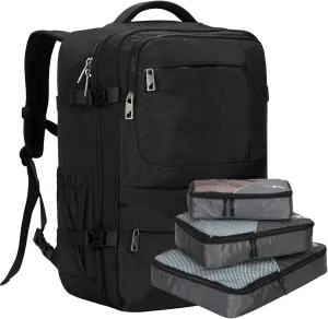 Hynes Eagle 44L Carry on Backpack Airline Approved Travel Backpack for Men Women Large Laptop Backpack 17 inch Nylon Backpack Overnight Weekender Duffel Bag Black with 3PCS Packing Cubes Set Grey