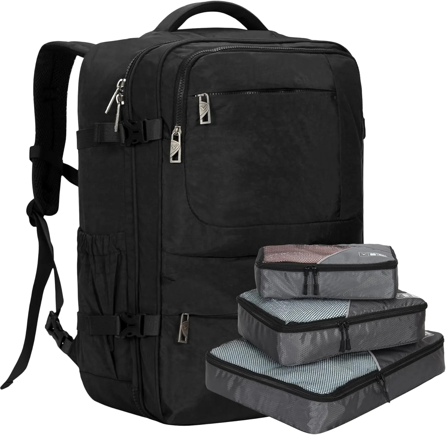Hynes Eagle 44L Carry on Backpack Airline Approved Travel Backpack for Men Women Large Laptop Backpack 17 inch Nylon Backpack Overnight Weekender Duffel Bag Black with 3PCS Packing Cubes Set Grey