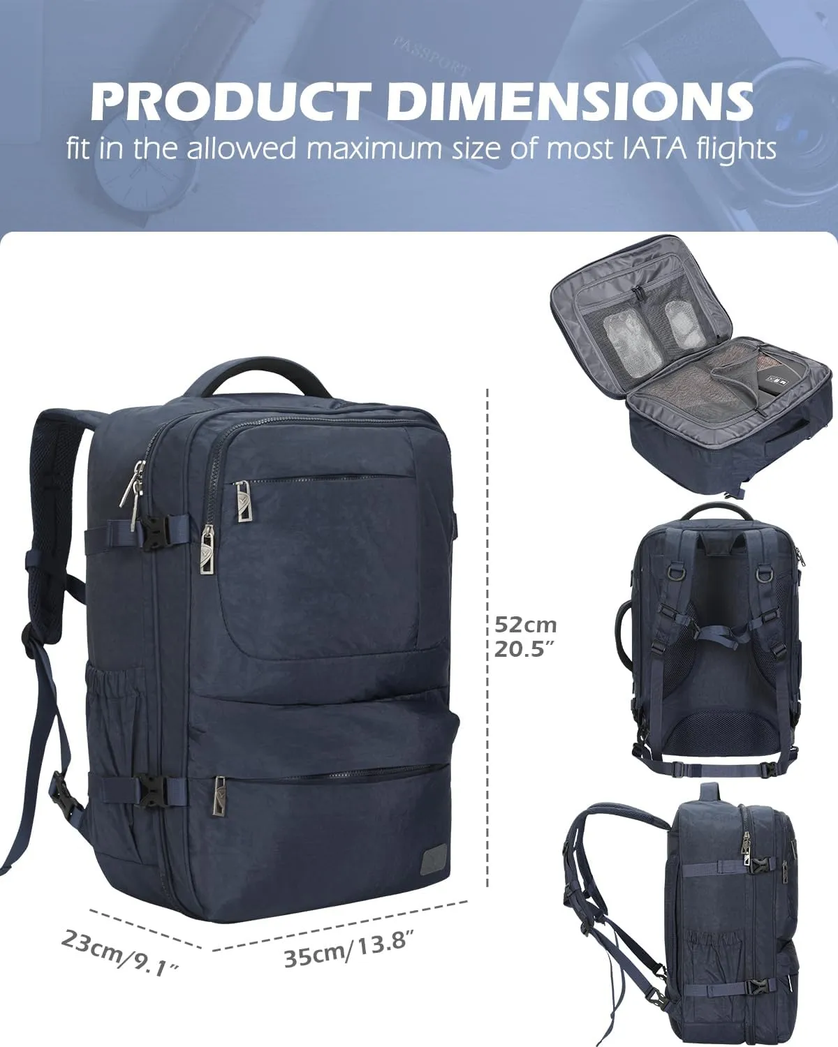 Hynes Eagle 44L Carry on Backpack Airline Approved Travel Backpack for Men Women Large Laptop Backpack 17 inch Nylon Backpack Overnight Weekender Duffel Bag Navy with 3PCS Packing Cubes