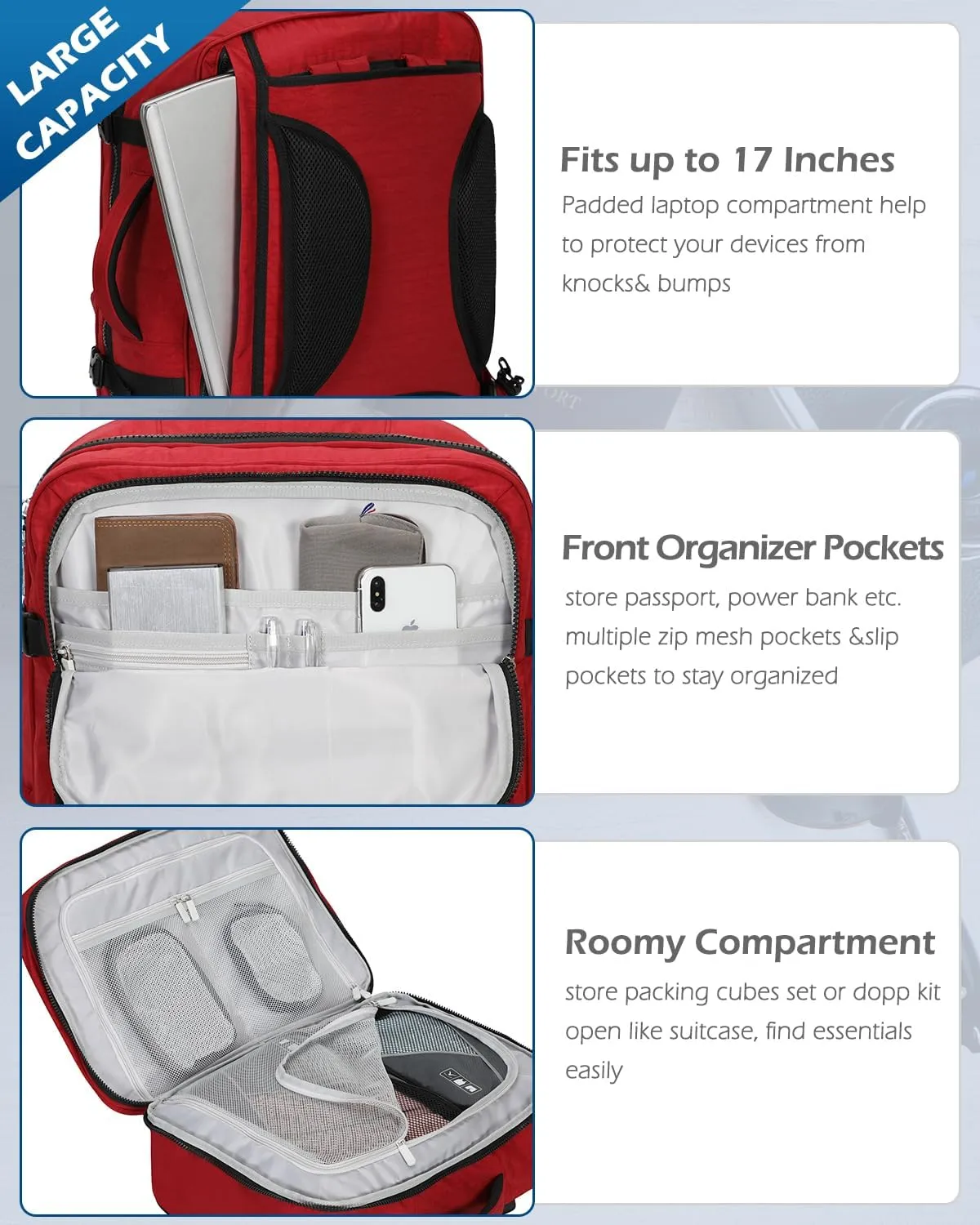 Hynes Eagle 44L Carry on Backpack Airline Approved Travel Backpack for Men Women Large Laptop Backpack 17 inch Nylon Backpack Overnight Weekender Duffel Bag Red with 3PCS Packing Cubes