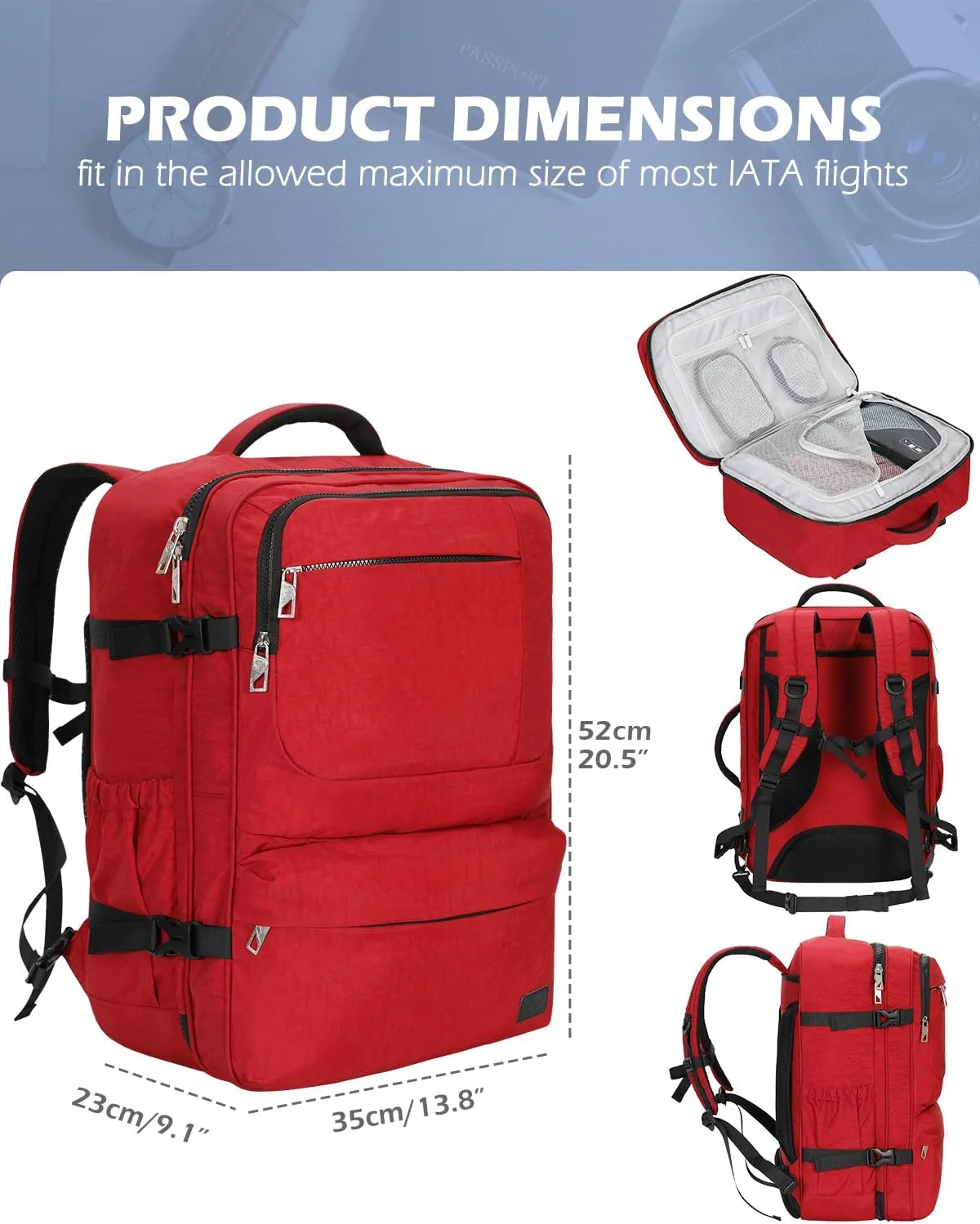 Hynes Eagle 44L Carry on Backpack Airline Approved Travel Backpack for Men Women Large Laptop Backpack 17 inch Nylon Backpack Overnight Weekender Duffel Bag Red with 3PCS Packing Cubes