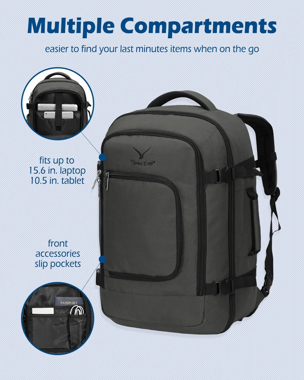 Hynes Eagle Travel Backpack 40L Flight Approved Carry on Backpack Men Large Cabin Weekender Laptop Backpack Women 15.6 inches