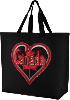 I Love Canada Reusable Shopping Bag with Shoulder Straps Portable Collapsible Grocery Tote Bags