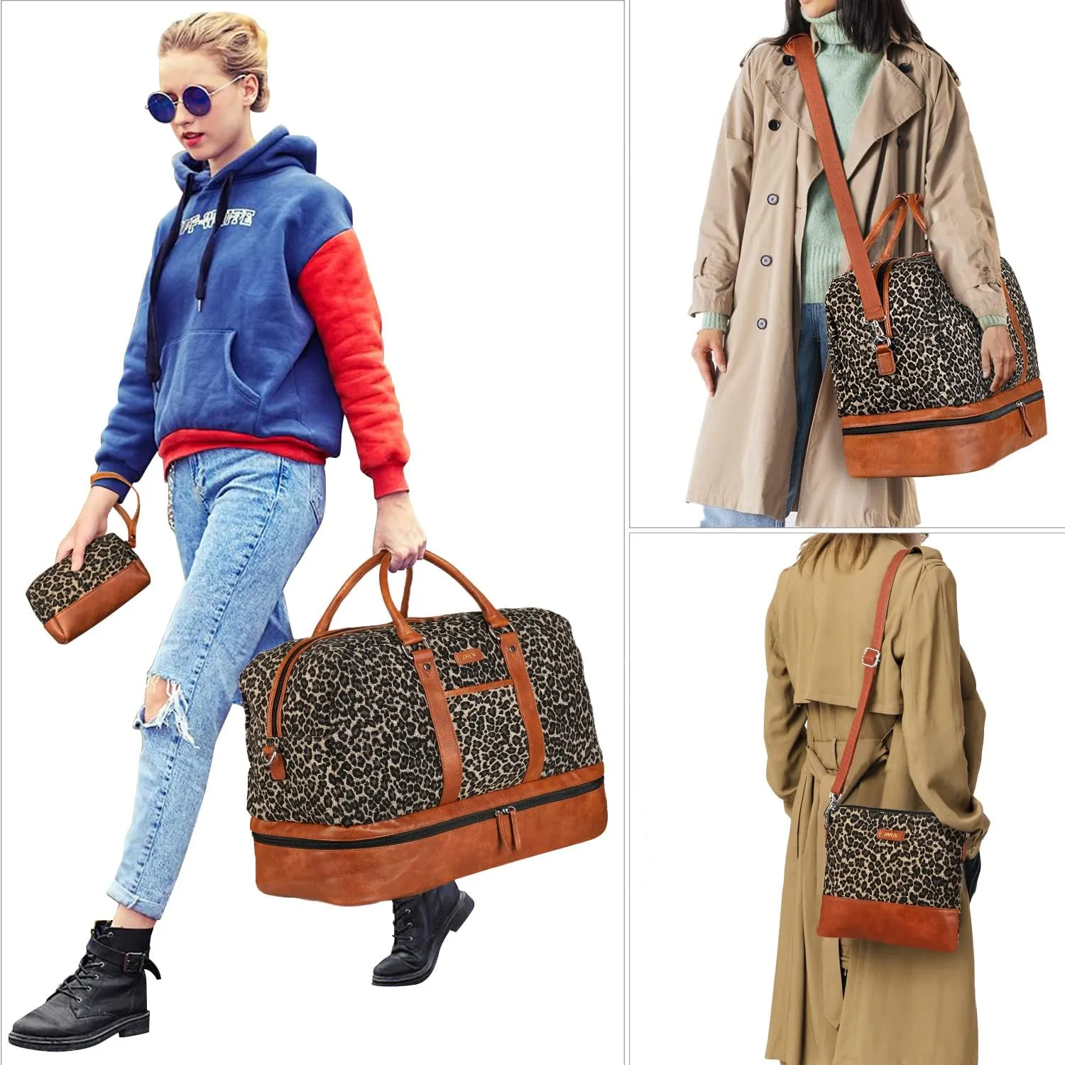 IBFUN Weekender Bags for Women, Large Overnight Bag Canvas Travel Duffel Bag Carry On Tote with Shoe Compartment 21" 3Pcs Set