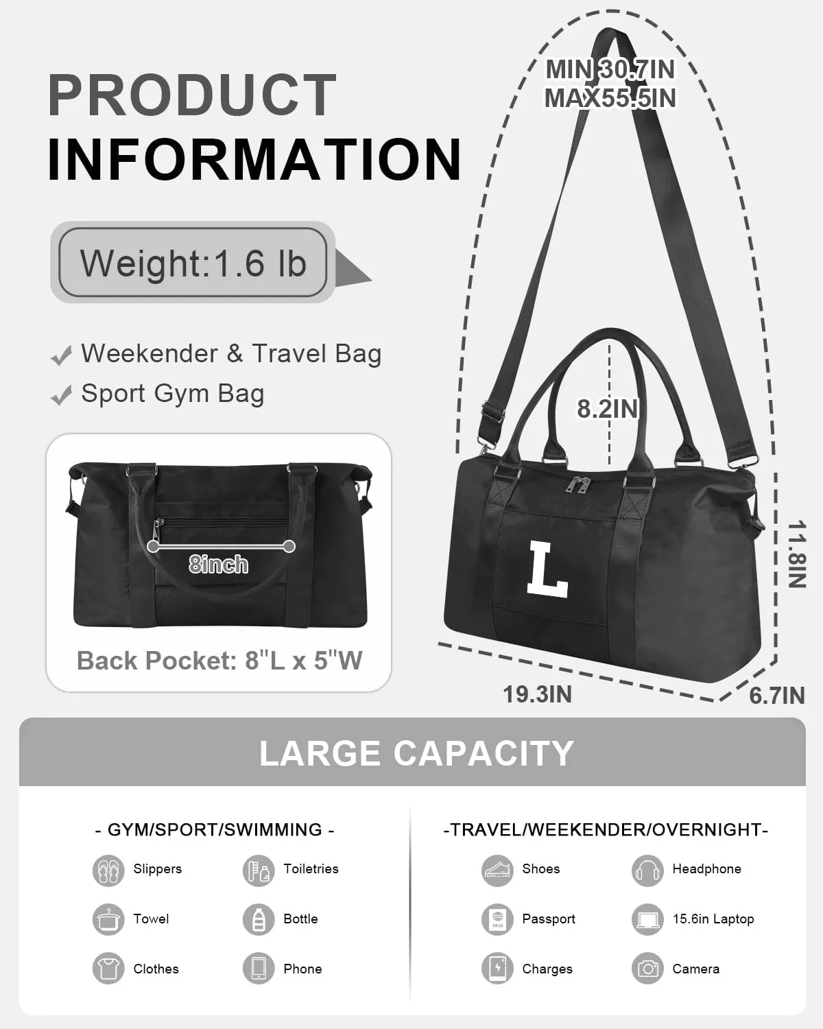 Initial Travel Duffel Bag Sports Gym Bag for Boys Teen Birthday Gifts,Black Personalized Weekender Bag Carry On Tote Bags for Men,Waterproof Overnight Luggage Bag Airplane Travel Essentials(Letter L)