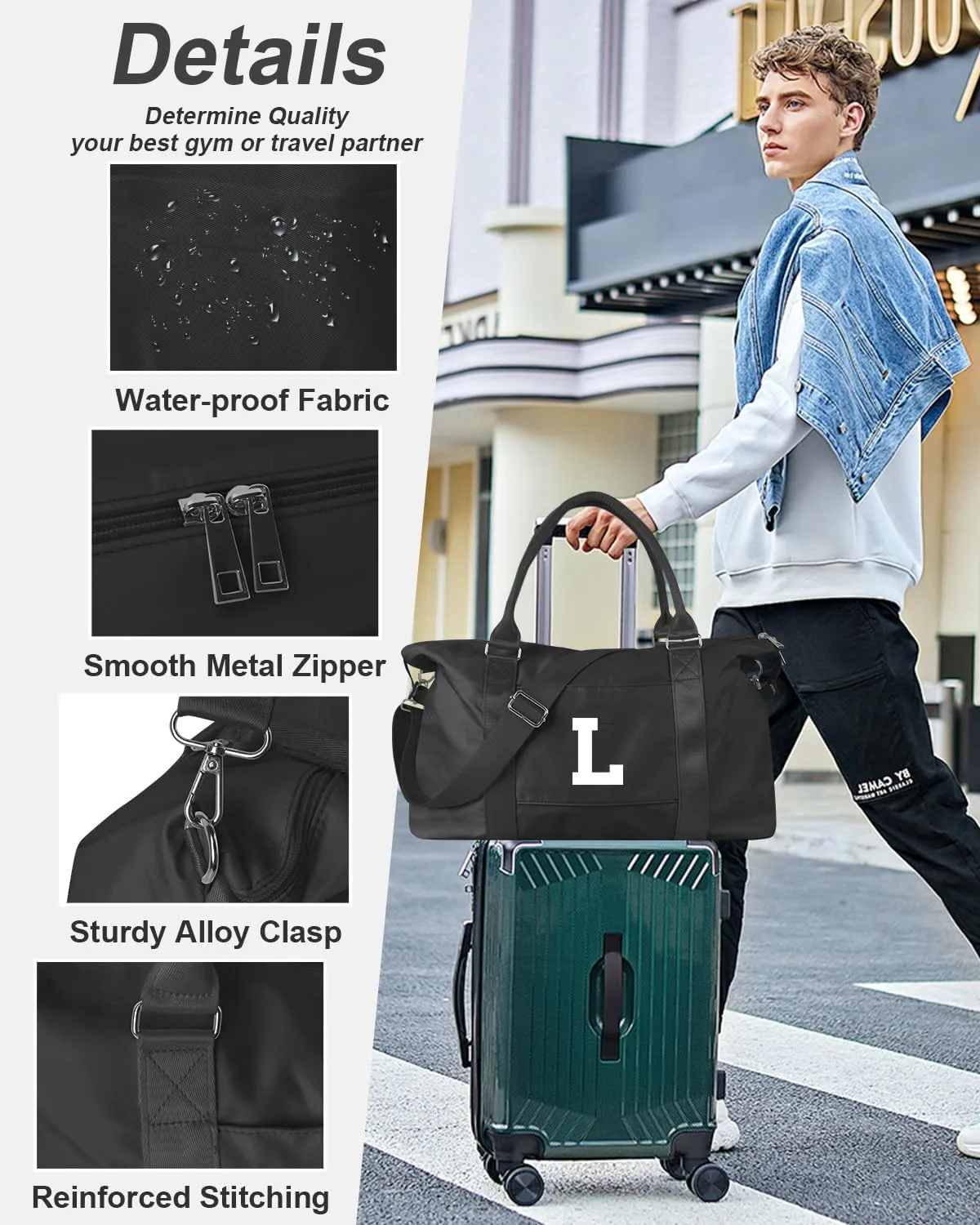 Initial Travel Duffel Bag Sports Gym Bag for Boys Teen Birthday Gifts,Black Personalized Weekender Bag Carry On Tote Bags for Men,Waterproof Overnight Luggage Bag Airplane Travel Essentials(Letter L)