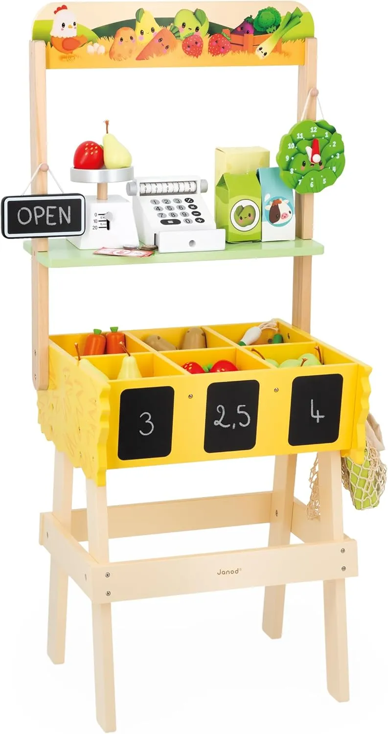 Janod - Children's Merchant Farm Market - Imitation Game for Children - 32 Accessories - Develops Imagination - Wooden Toy - Water Painting - J03322 from 3 Years, Yellow, Green